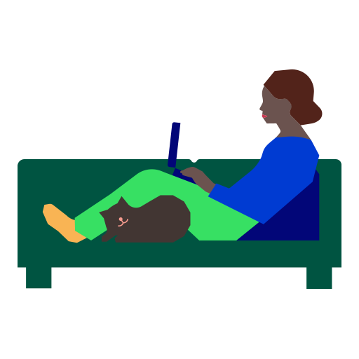 Illustration på en person med en katt, som sitter i en soffa och surfar på en bärbar dator.